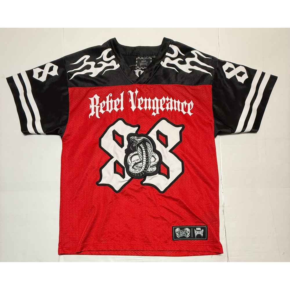 Rebel Vengeance Mens Red Black Cobra 88 Graphic Mesh Football Jersey Size Medium